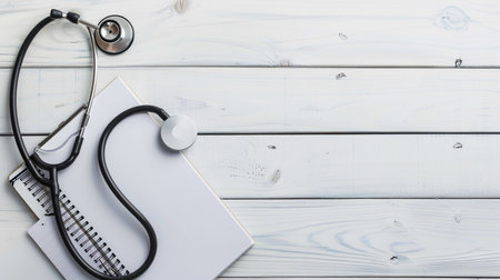 Stethoscope and notebook on white wooden table. Top view with copy spaceの素材