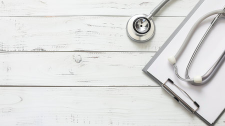 Stethoscope and notebook on white wooden table. Top view with copy spaceの素材