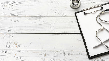 Stethoscope and clipboard on white wooden background. Top view with copy spaceの素材