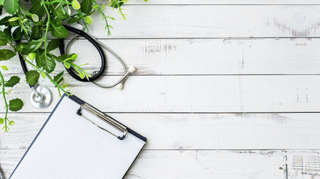 Stethoscope, clipboard and green plant on white wooden background.の素材