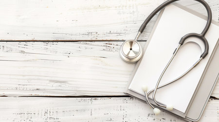Stethoscope and notebook on white wooden background, top view with copy spaceの素材
