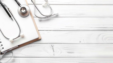 Stethoscope and notebook on white wooden table. Top view with copy spaceの素材