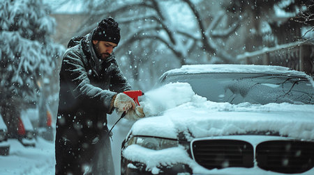 Man cleaning car with a brush in the snow. Winter season.の素材