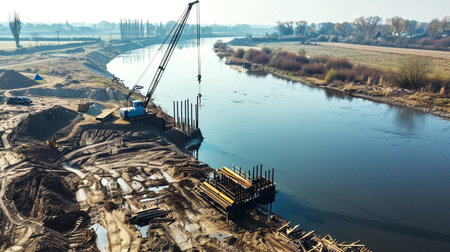 Aerial view of the construction of a new road bridge over the riverの素材