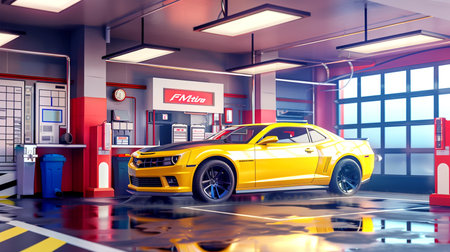 3D rendering of a brand-less generic car in a gas stationの素材