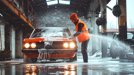 Worker washing car at auto service station. Auto wash concept.の素材