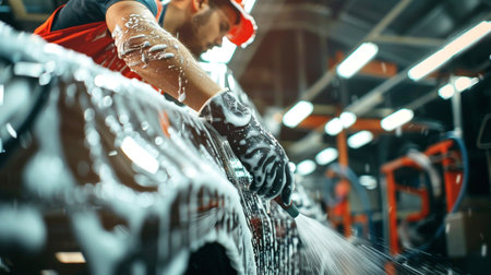 Car wash. Worker washing black car with high pressure water jet.の素材