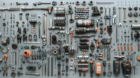 Set of industrial tools on grey background. Top view, flat layの素材