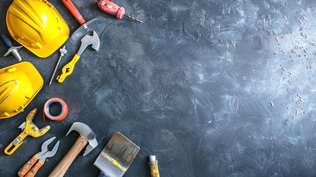 Set of construction tools on black background. Top view with copy spaceの素材