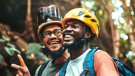 Two happy African-American men are hiking in the forest. They are wearing helmets.の素材