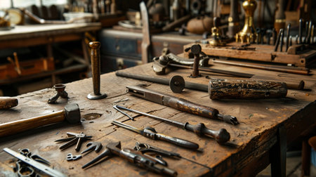 Old tools on the table in the workshop of a craftsman.の素材