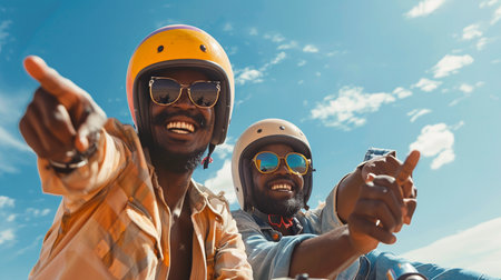 Two african american friends riding on motorbike and showing thumbs upの素材