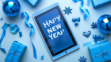 Tablet pc with happy new year text and christmas decoration on blue backgroundの素材