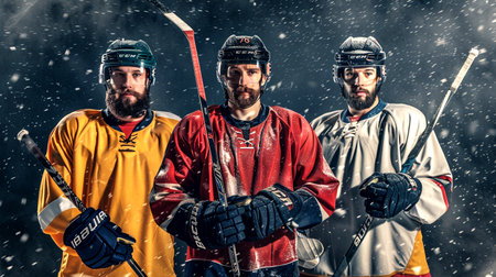 Group of ice hockey players on the ice in the mountains under snowfall.の素材