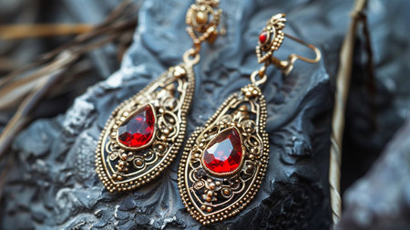 Beautiful earrings with red stones on a black background close-upの素材