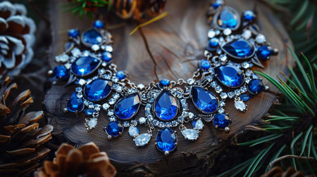 jewelry brooch with blue stones on a wooden background.の素材