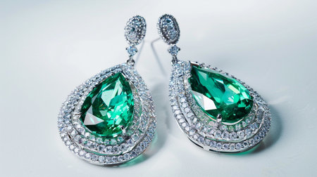 jewelry earrings with emeralds on a white backgroundの素材