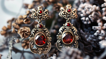 Jewelry earrings with red stones. Jewelry background.の素材
