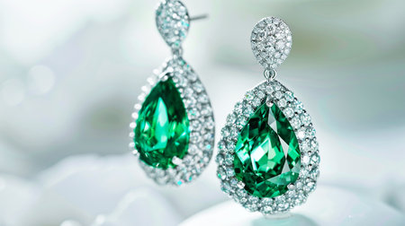 jewelry diamond earrings with emeralds on bokeh backgroundの素材