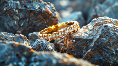 Close-up of a golden bracelet on a rocky beach. Selective focus.の素材