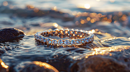 Wedding bracelet on the sea shore at sunset, close-upの素材