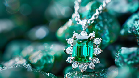 jewelry and luxury concept - close up of emerald pendant on green backgroundの素材