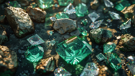 Emeralds and crystals on the ground. Jewelry background.の素材