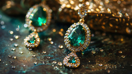 jewelry and luxury concept - close up of emerald earringsの素材