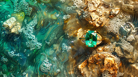 Jewelry on the rocks in the sea. Jewelry backgroundの素材