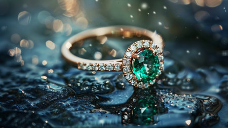 Wedding ring with green emerald on the background of waterの素材