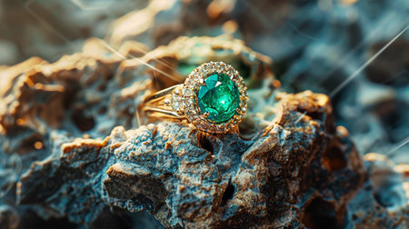 jewelry ring with green emerald on a stone background.の素材