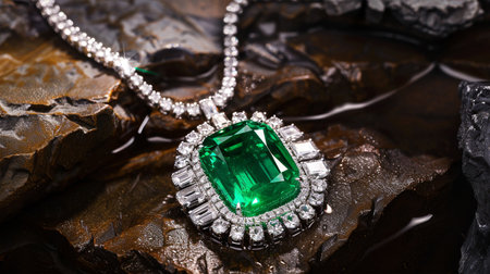 jewelry diamond pendant with green emerald on stone backgroundの素材