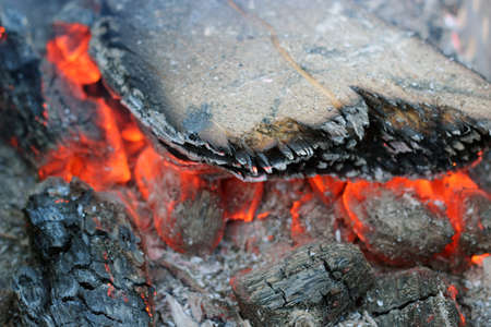 Wood and coal burning and smoldering in the fire.