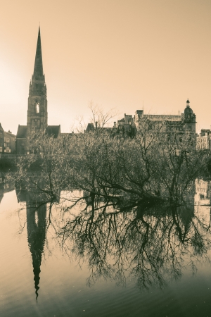 Church reflection on the river Tay in Scotlandの写真素材