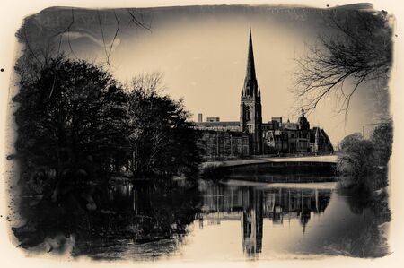 Church reflection on the river Tay in Scotlandの写真素材