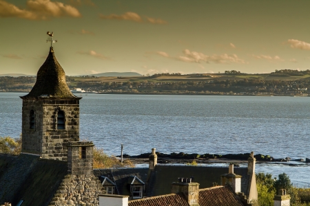 Sunset shot of a Church facing the River Forth in Scotlandの写真素材