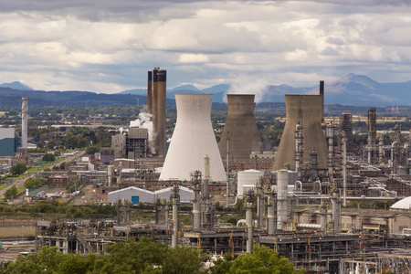 Close shot of an oil refinery on a cloudy dayの写真素材