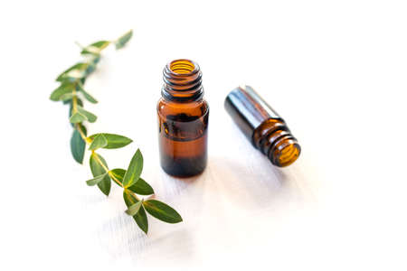 Dark glass bottles with essential oil. Natural remedy.の写真素材