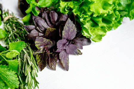 Leaves of fresh green salad, Basil, rosemary and Melissa on a wooden table. Top viewの写真素材