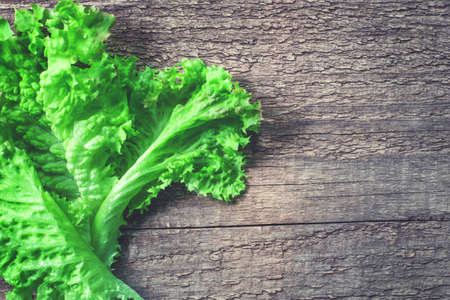 Leaves of fresh green salad on wooden table. Copy space.の写真素材
