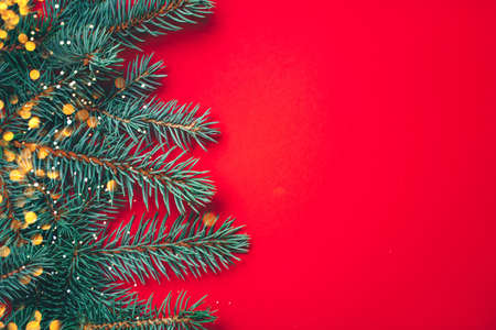 Fir branches with blurred lights garland on a red background. Christmas wallpaper. Flat lay, copy space.の写真素材