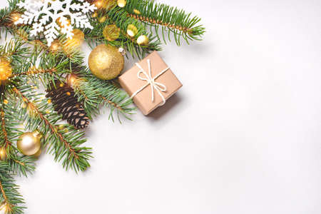 Christmas composition on white background with copy space for your text.の写真素材