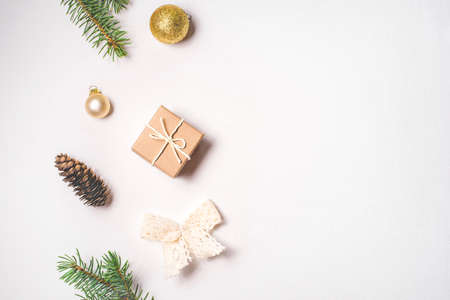 Pattern of Christmas decorations on white background. Flat lay, top view. Copy space for your text.の写真素材