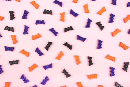 Halloween holiday background with bats. Flat lay, top view.