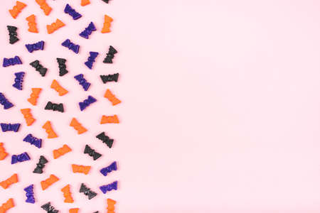 Halloween holiday background with bats. Flat lay, top view.の写真素材