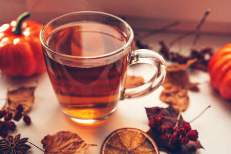 Hot steaming Cup of tea with autumn leaves, pumpkins and spices on the windowsill. Autumn mood.の写真素材