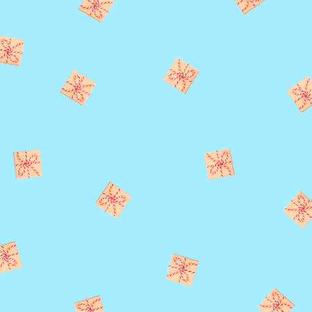 Pattern of gift boxes blue background. Flat lay, top view.の写真素材