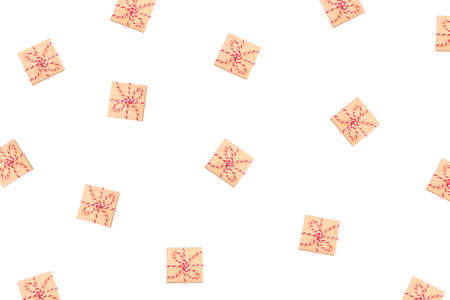 Pattern of gift boxes isolated on white background. Flat lay, top view.の写真素材