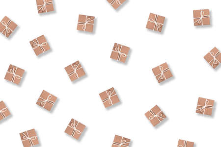 Pattern of gift boxes isolated on white background. Flat lay, top view.の写真素材
