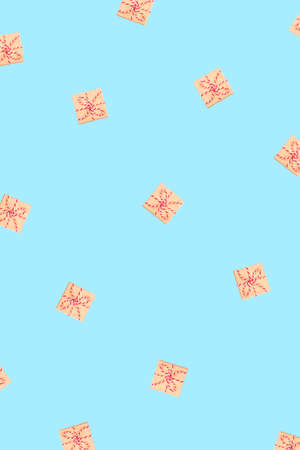 Pattern of gift boxes blue background. Flat lay, top view.の写真素材